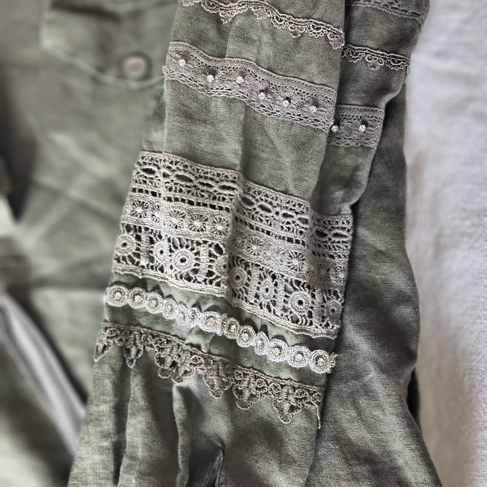 4 Loveandliberty Women's Linen Olive Green Jacket with Lace Details Size L - Picture 3 of 13